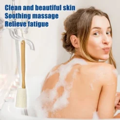 Unique Bargains Bath Brush Wood Back Scrubber With Long Handle For Shower 3.9 Inches Brown Beige